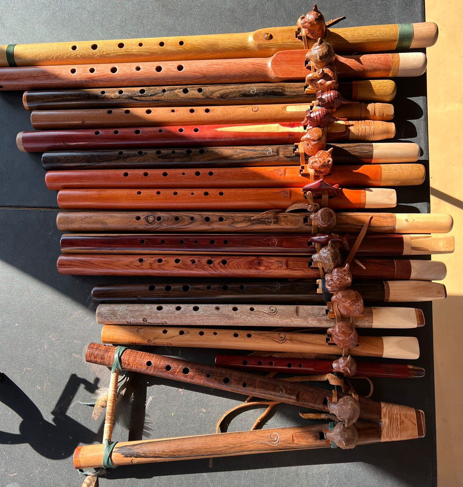 A rack of Mauricio Naranjo's finished flutes in the workshop